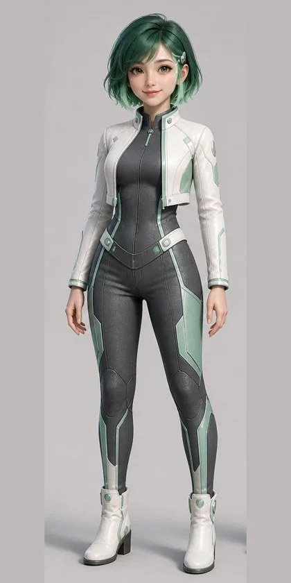 Heros, full length: short green hair, white jacket over a grey and mint suit